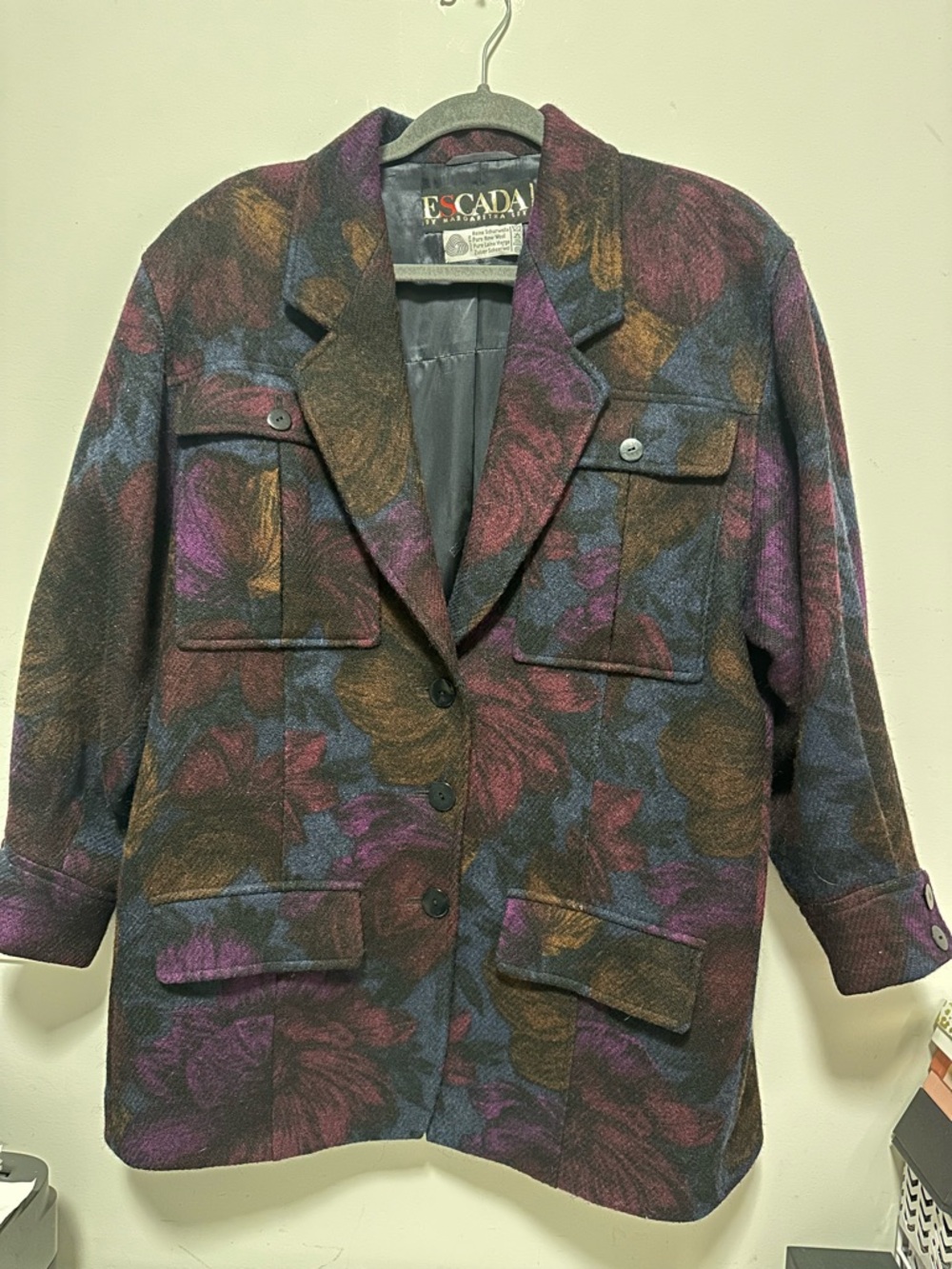 VINTAGE Escada Multicolor Floral Wool-Blend Blazer in Purple, Brown & Blue